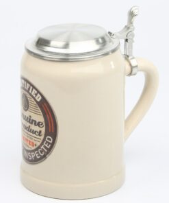 Vintage Bierkrug "Quality Inspected" mit Flachzinndeckel
